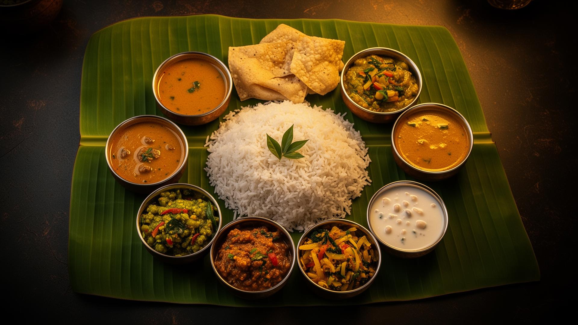 South Indian sadya thali on banana leaf